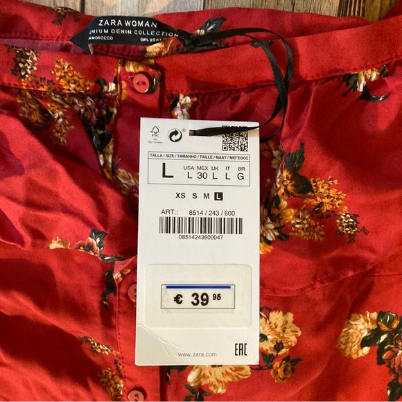 NWT Zara red Floral off the shoulders Dolly Dress, button up, Bertha Collar Sz L - Picture 7 of 9